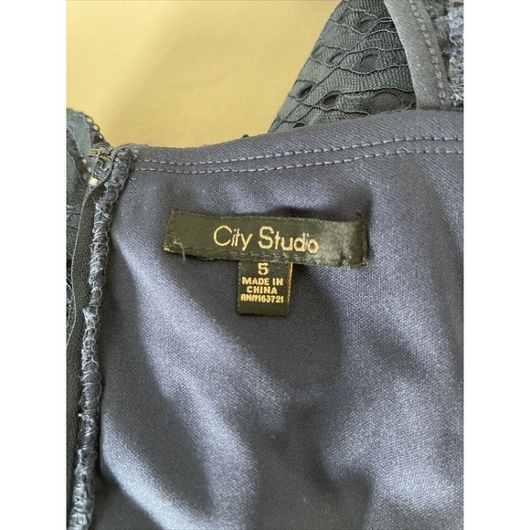 Women's CITY STUDIO 3 Tiers 5 Blue Lace Tea Length Stretch Cocktail Party Dress - Picture 11 of 12